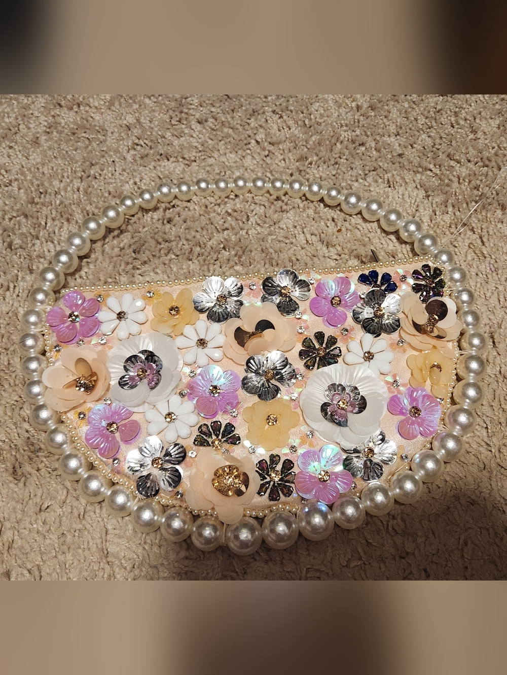 Pearl-Handle Floral Embellished Women’s Clutch - Cream Pink